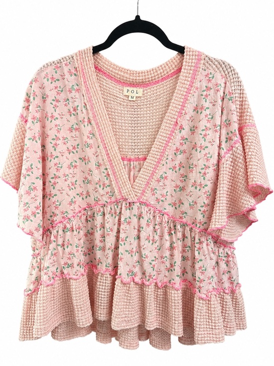 POL Tops - NEW POL Floral Waffle Knit Babydoll Tunic Pink Boho Flutter Sleeve Top M